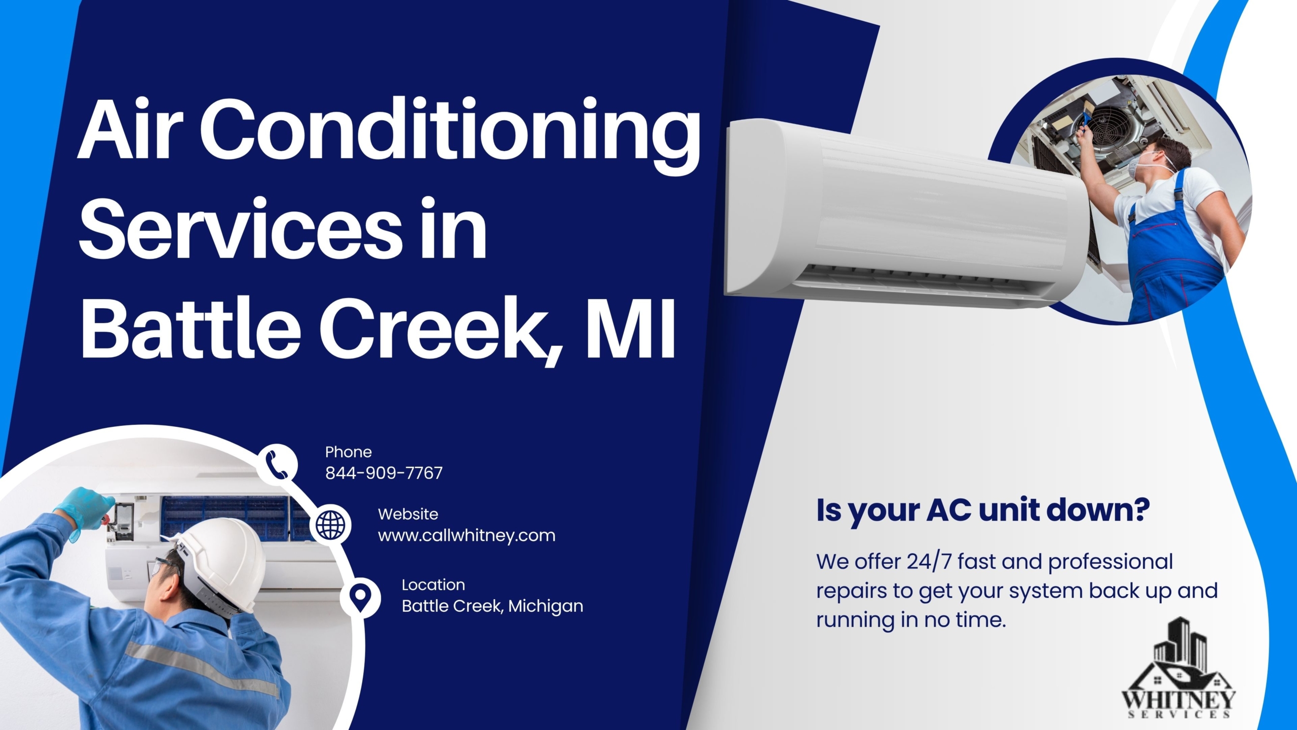 Air conditioning services in Battle Creek, MI | technician repairing wall-mounted AC unit with contact info for Whitney Services
