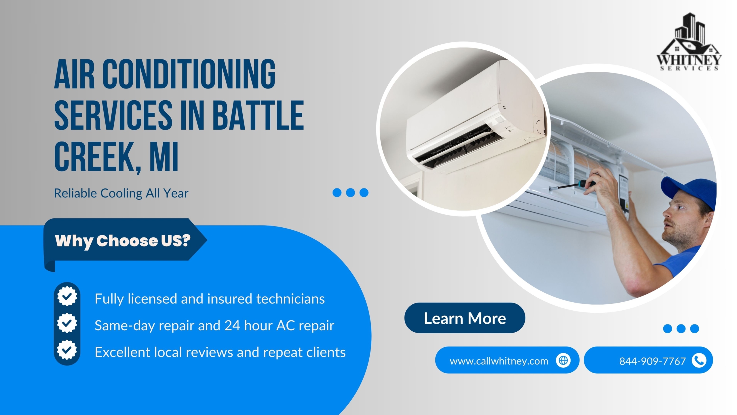 Whitney Services offering professional air conditioning service in Battle Creek, MI, including 24/7 AC repair, installation, and maintenance by licensed technicians.
