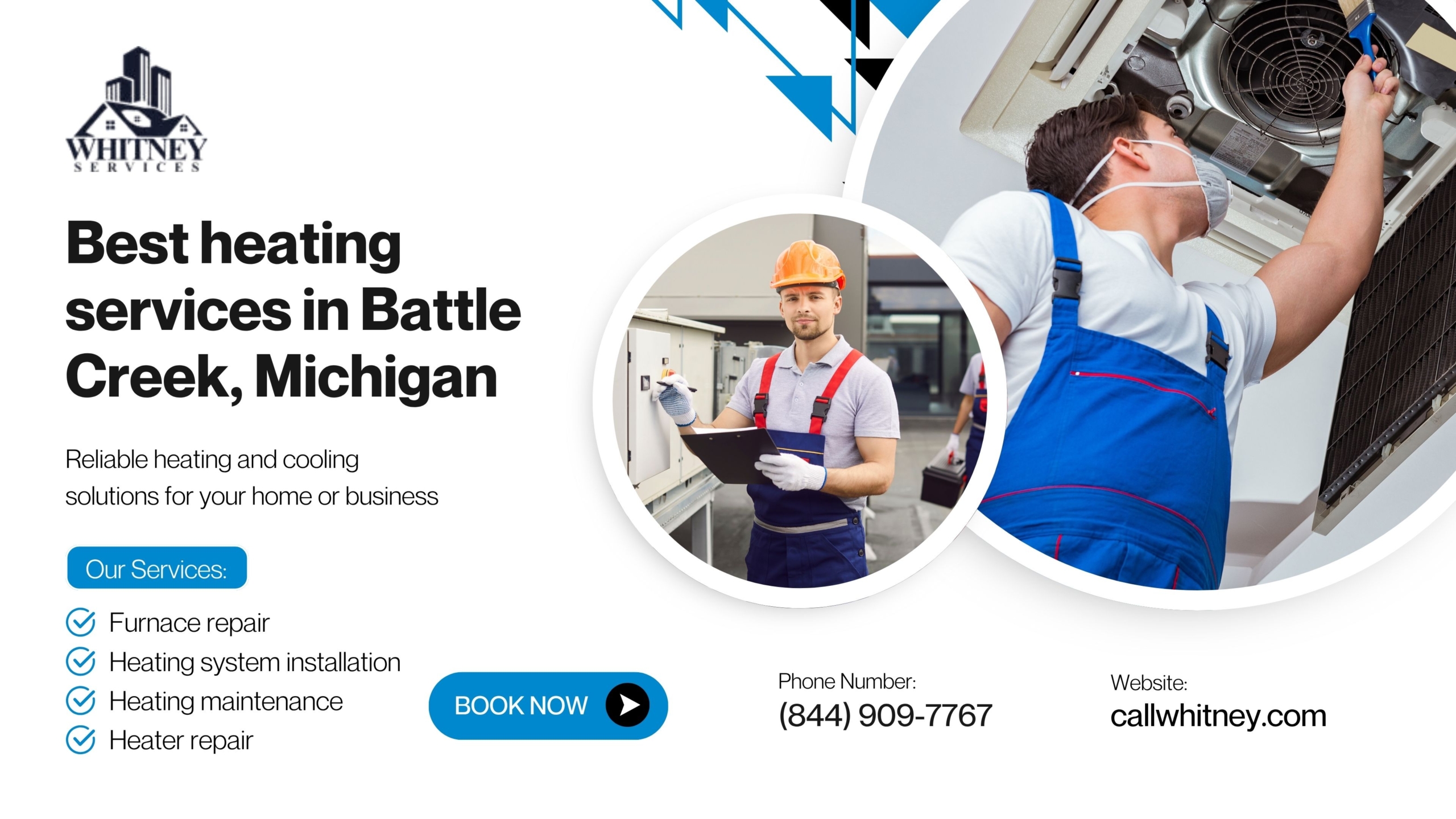 Service Experts Heating technician performing heater repair and furnace maintenance in Battle Creek, MI | Whitney Services banner.