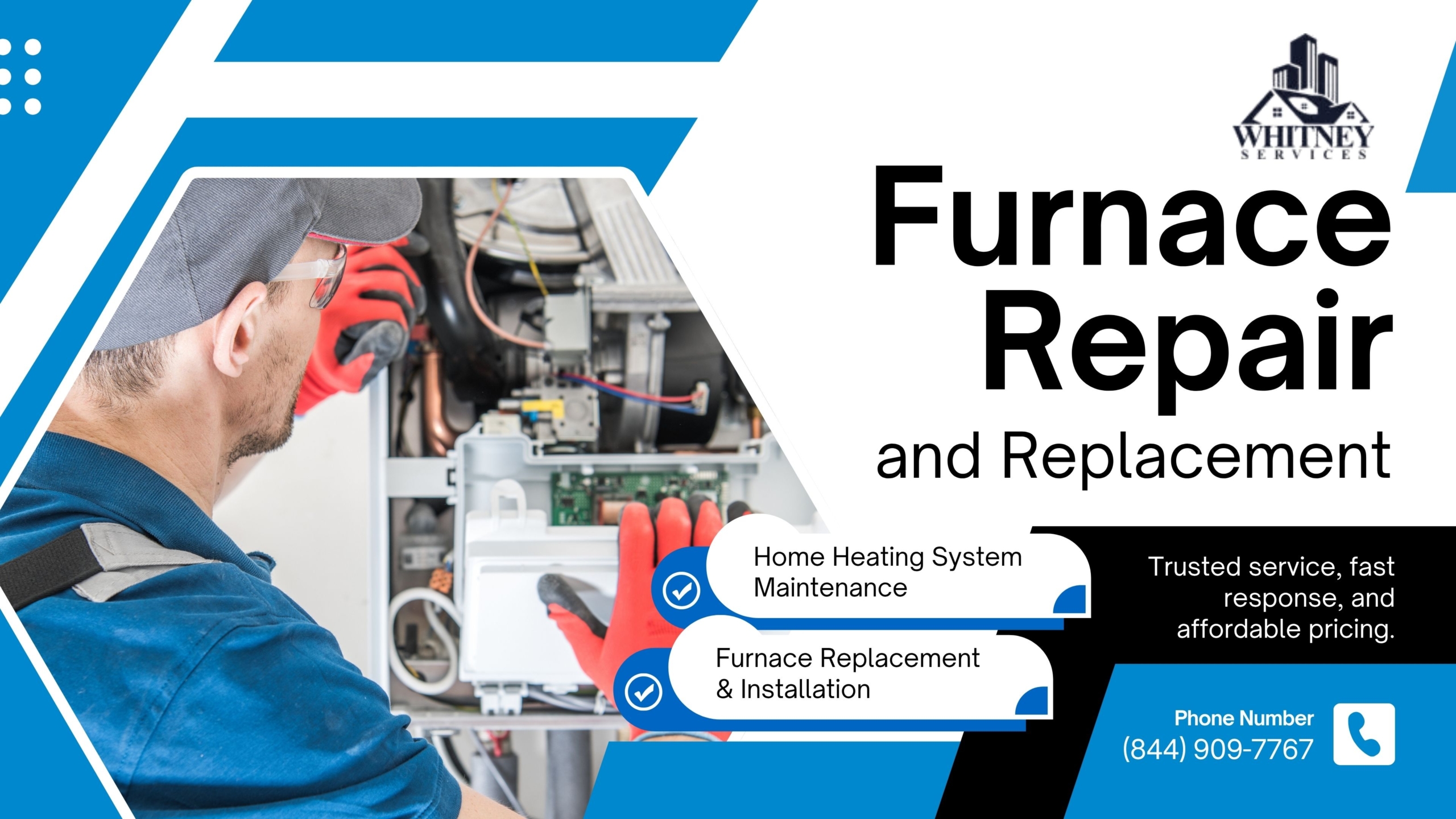 Technician performing furnace repair and heating service in Battle Creek, MI for Whitney Services