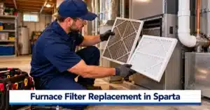 Professional HVAC technician performing furnace filter replacement in Sparta, MI, comparing a dirty air filter with a clean replacement beside a residential furnace.