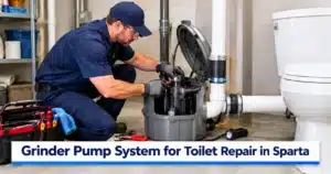 Professional plumber repairing a grinder pump system for toilet repair in Sparta, MI, inspecting residential plumbing connections and pump equipment.