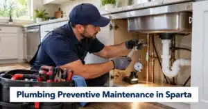 Professional plumber performing plumbing preventive maintenance in Sparta, MI, inspecting water supply pipes and tightening fittings beneath a kitchen sink.
